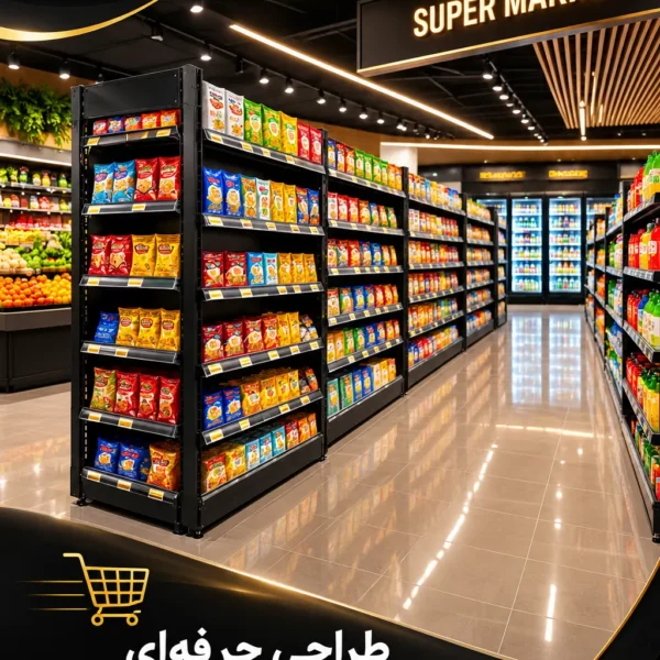 a_polished_modern_supermarket_interior_promotiona طراحی فروشگاه مواد غذایی با قفسهبندی اصولی و چیدمان منظم محصولات سوپرمارکت
